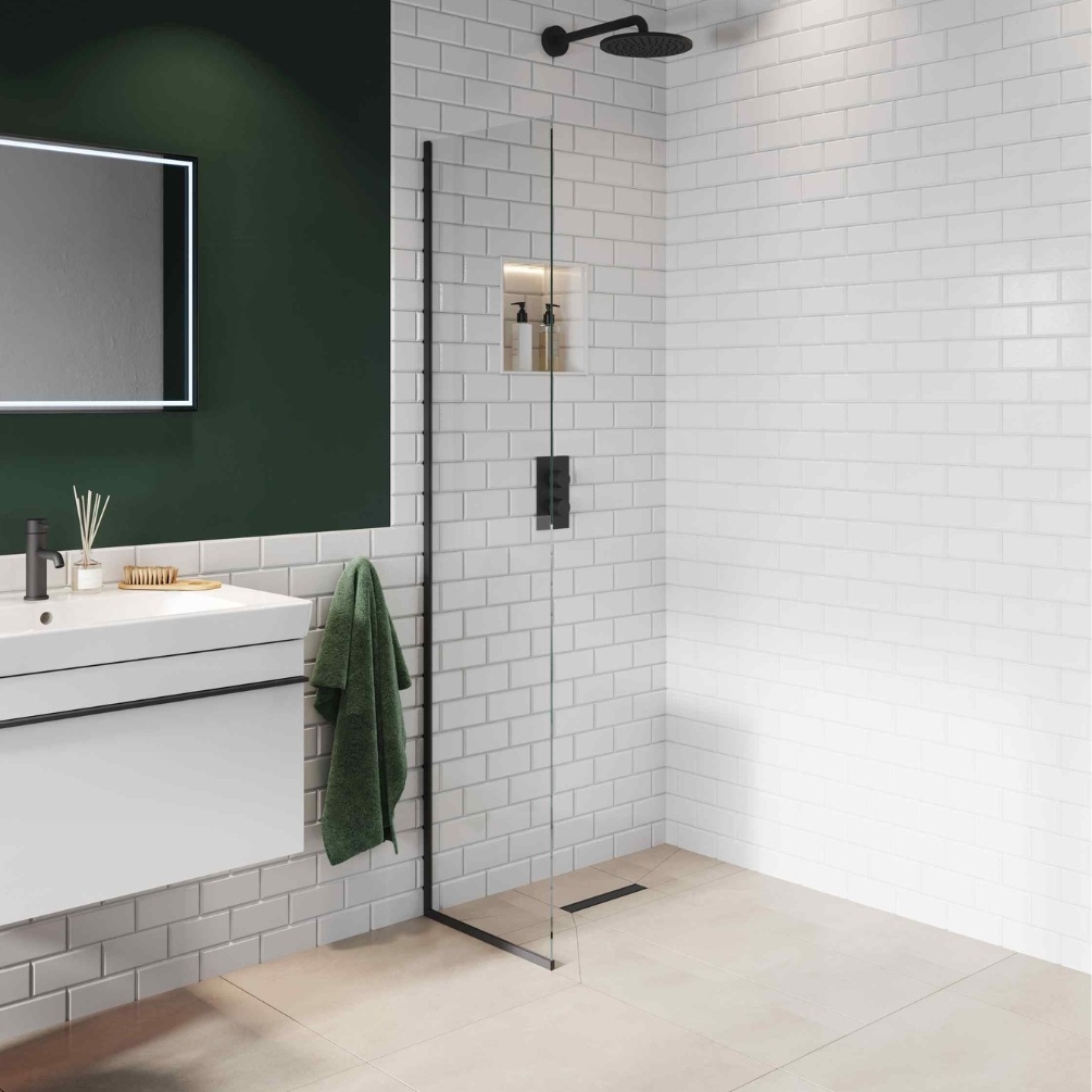 Product Lifestyle image of the Abacus Matt Black 590mm Fixed 8mm Wet Room Screen